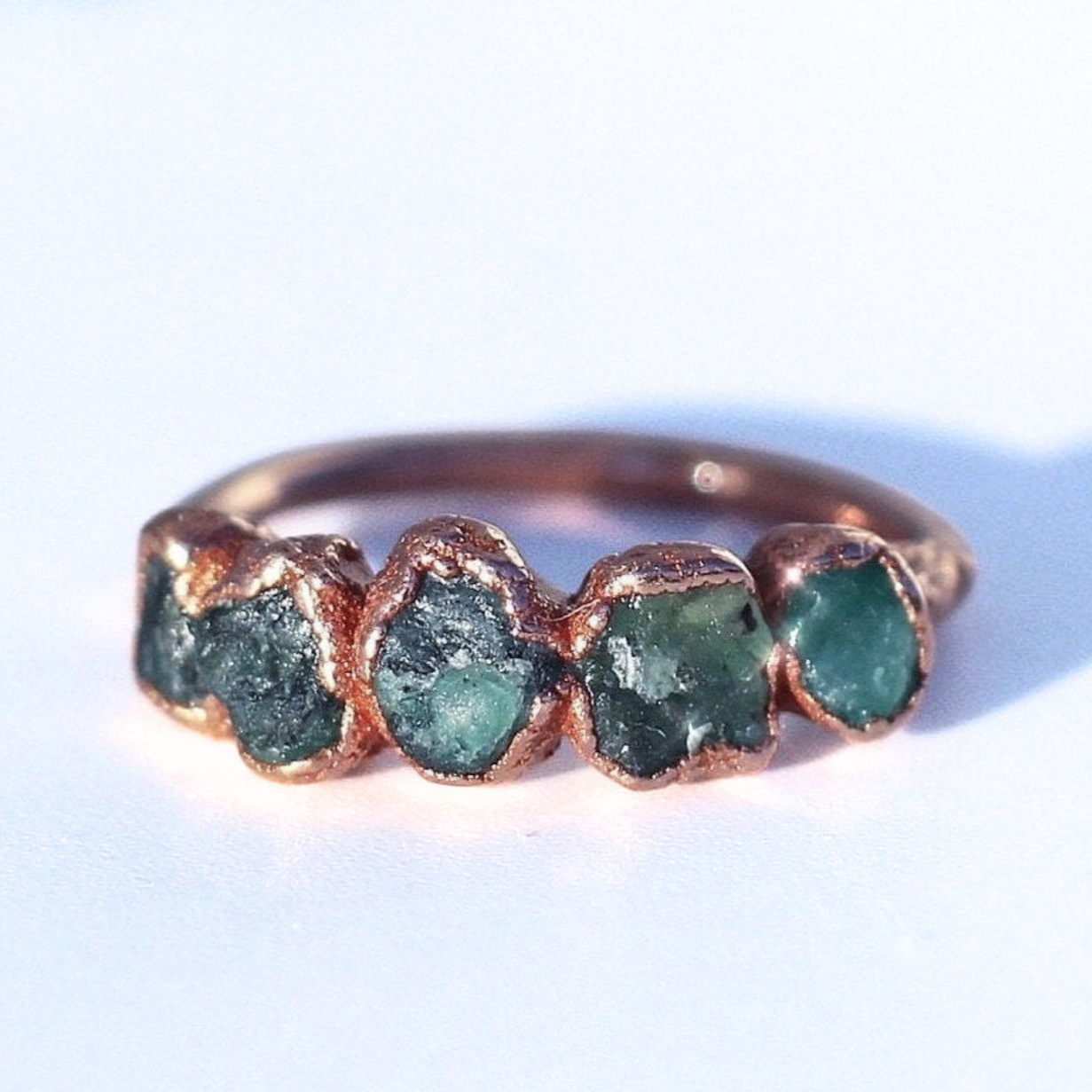 Raw Emerald Multi-Stone Ring in Copper, Natural Emerald Boho Ring, Unique Copper Gemstone Jewelry, Handcrafted Bohemian Accessory, Gift