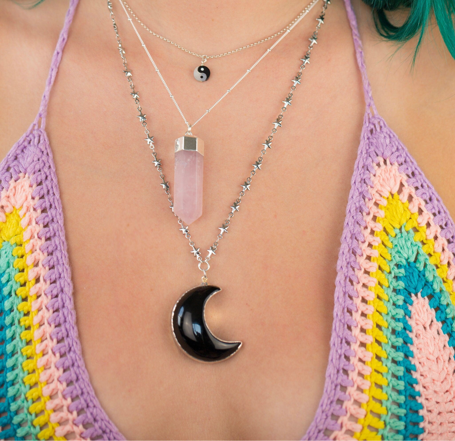 Black Onyx Big Moon Pendant on Star Link Chain in Gold or Silver