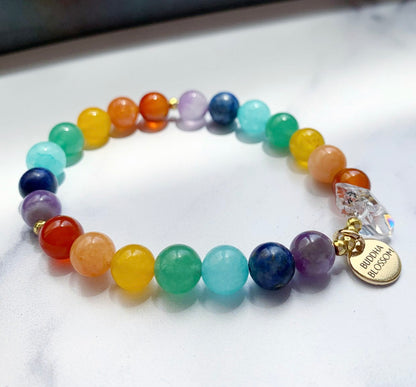 7 Chakra Mala Bracelet with gemstones and amethyst crystal