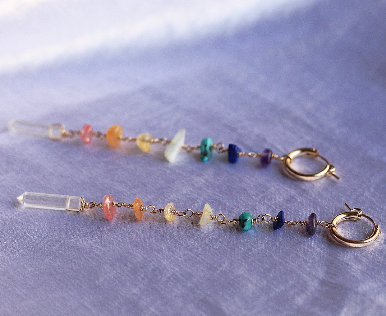 7 Chakra Dangle Earrings, Rainbow Gemstone Earrings, Crystal Chakra Earrings, Crystal Duster Earrings, Crystal Huggie Earrings, Gift for Her