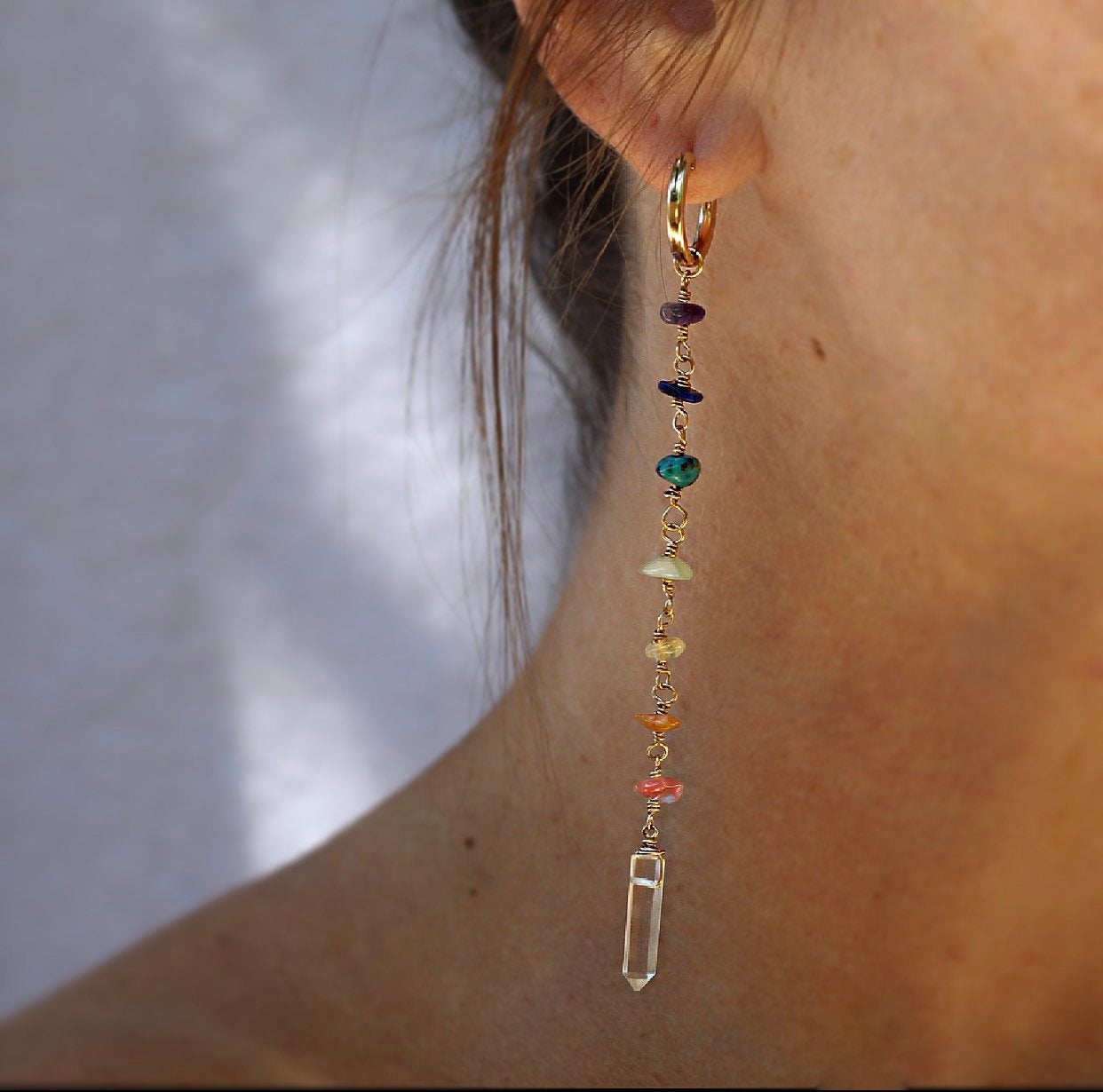 7 Chakra Dangle Earrings, Rainbow Gemstone Earrings, Crystal Chakra Earrings, Crystal Duster Earrings, Crystal Huggie Earrings, Gift for Her