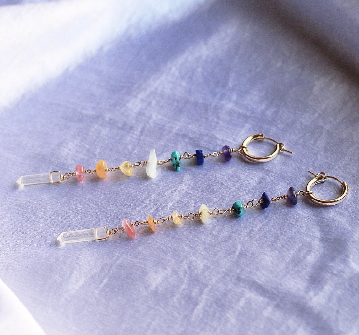7 Chakra Dangle Earrings, Rainbow Gemstone Earrings, Crystal Chakra Earrings, Crystal Duster Earrings, Crystal Huggie Earrings, Gift for Her