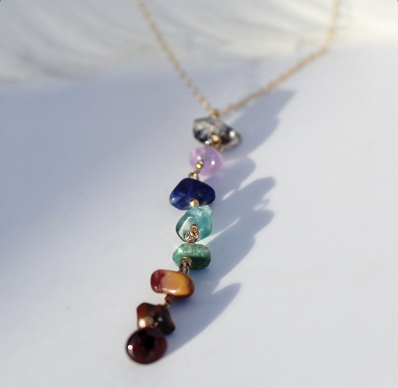 Dark Tone Chakra Y Necklace, Earth Inspired Gemstone Jewelry, Bestseller Spiritual Necklace, Unique Boho Accessory, Crystal Gift for Her,7 Chakra Gemstone Y Necklace in 14k Gold Filled or Sterling Silver- Earthy Gems