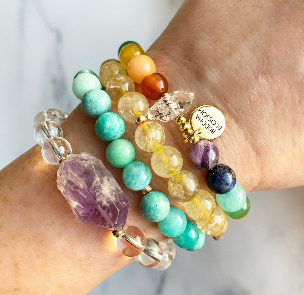 7 Chakra Mala Bracelet with gemstones and amethyst crystal
