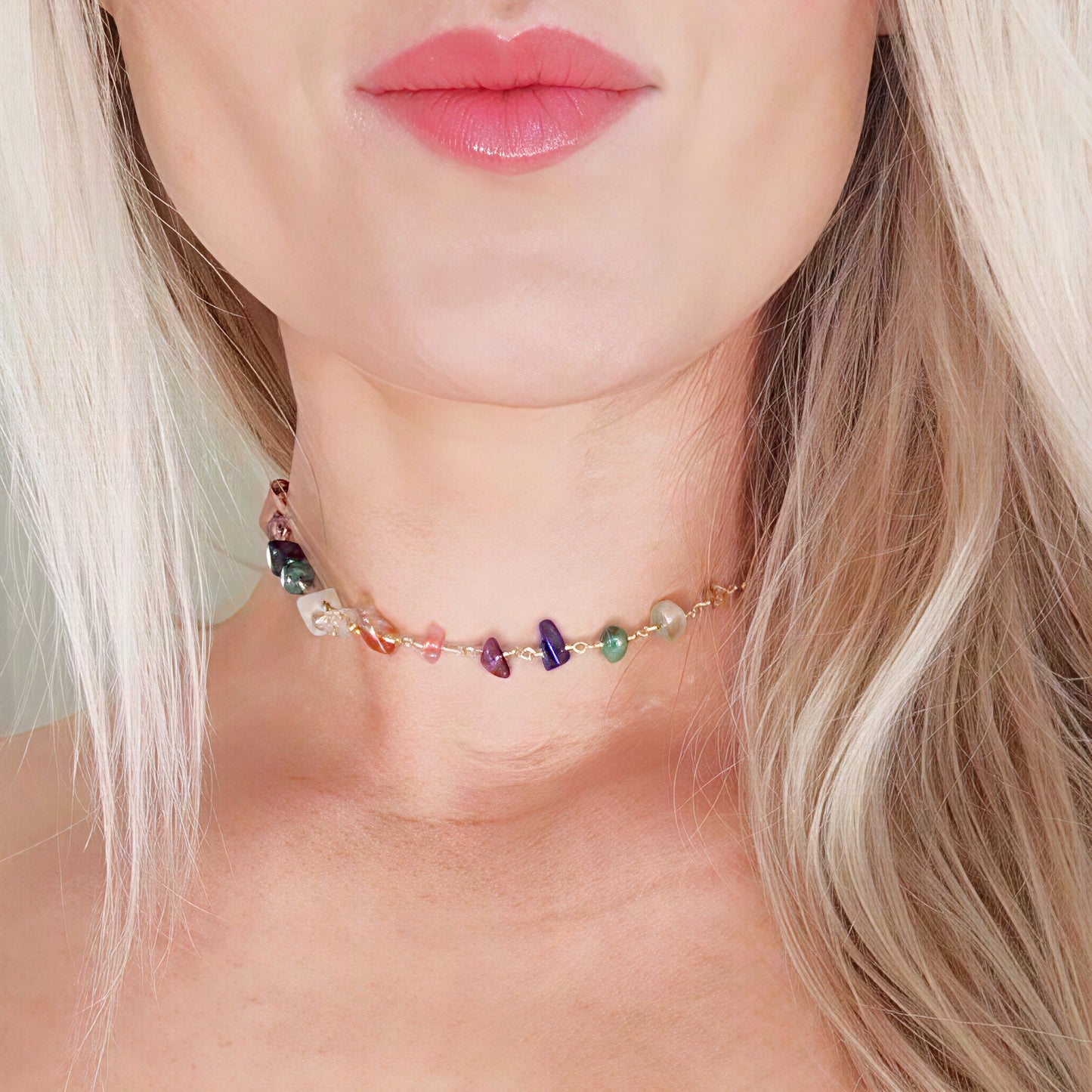 Chakra gemstone choker necklace with delicate wire wrapping