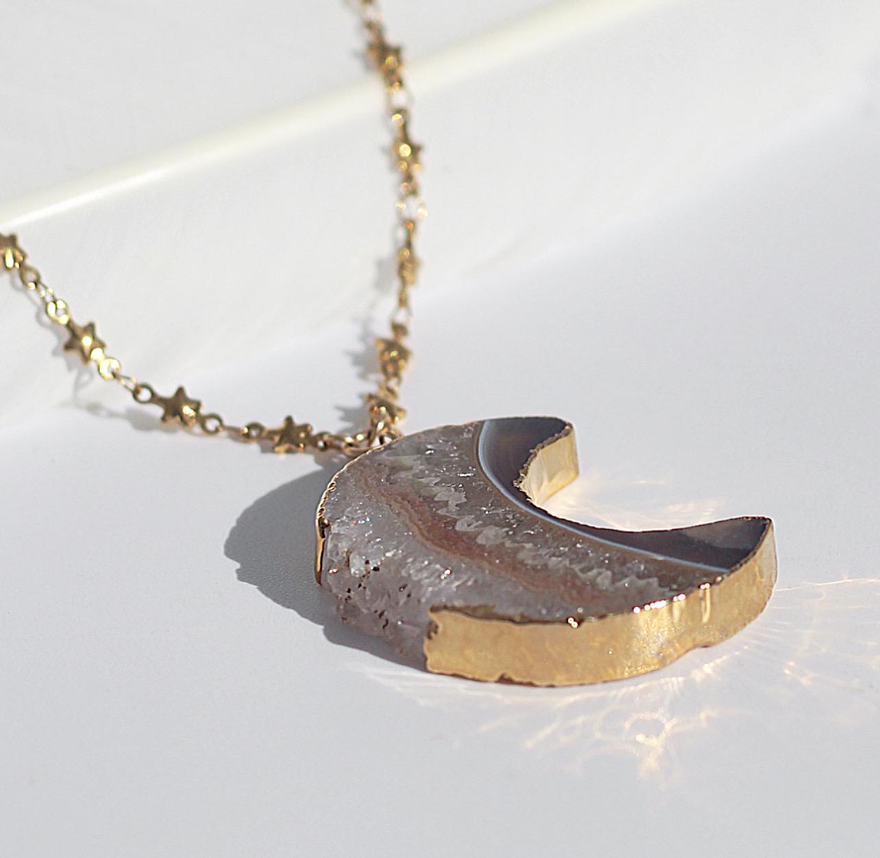 Amethyst Geode Moon Necklace, Big Moon Pendant, Crescent Moon Necklace, Gemstone Moon Pendant, Moon and Stars Necklace, Moon Lover Jewelry