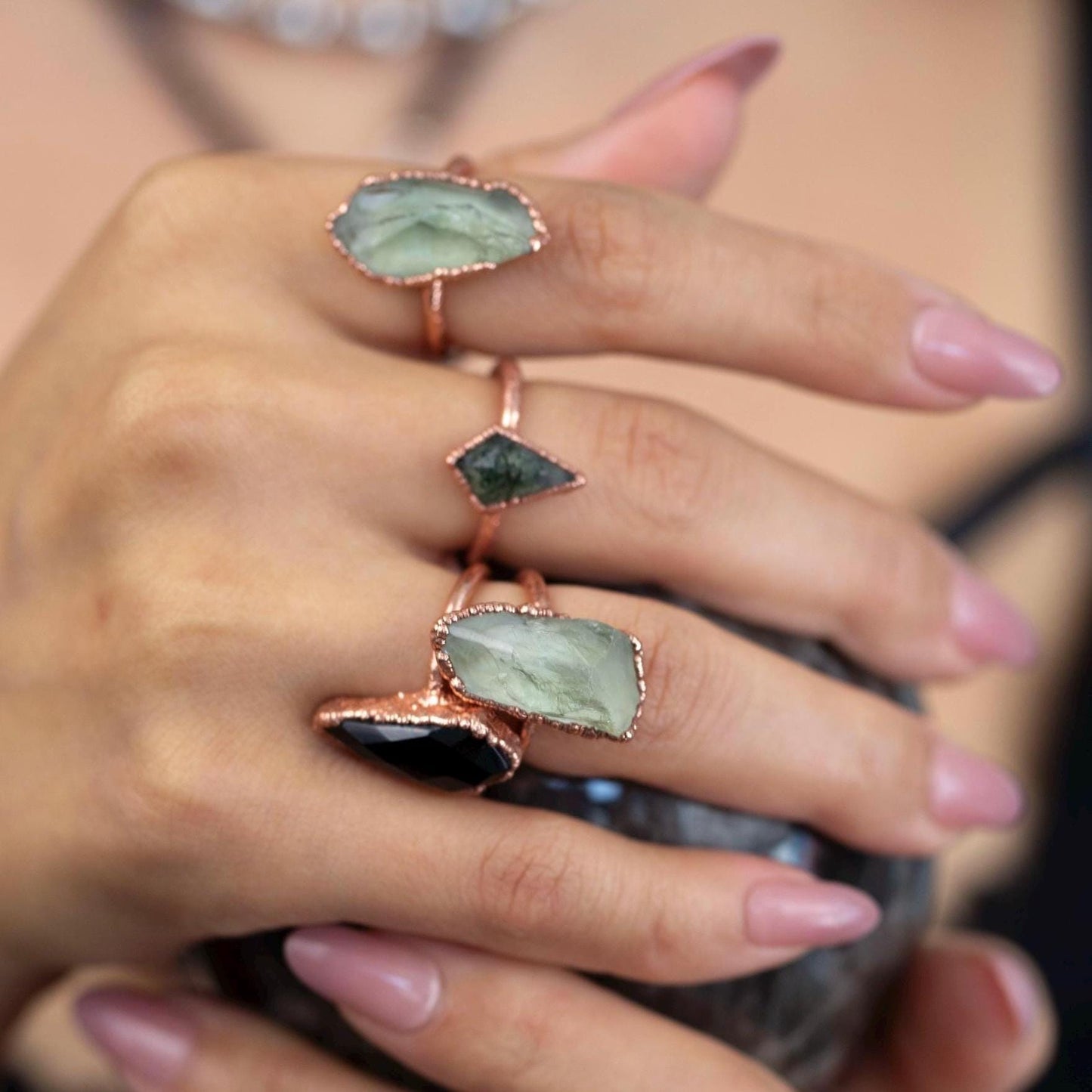 Raw Green Amethyst Ring, Natural Prasiolite Ring, Green Amethyst and Copper Ring, Rough Prasiolite Ring, Green Amethyst Stone Ring
