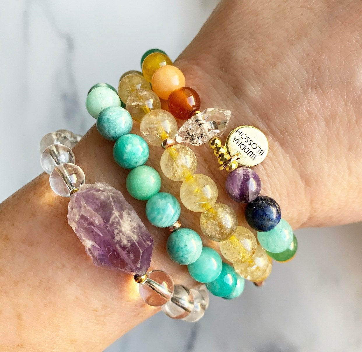 Amethyst and Crystal Quartz Mala Stretchy Bracelet 8mm Beads