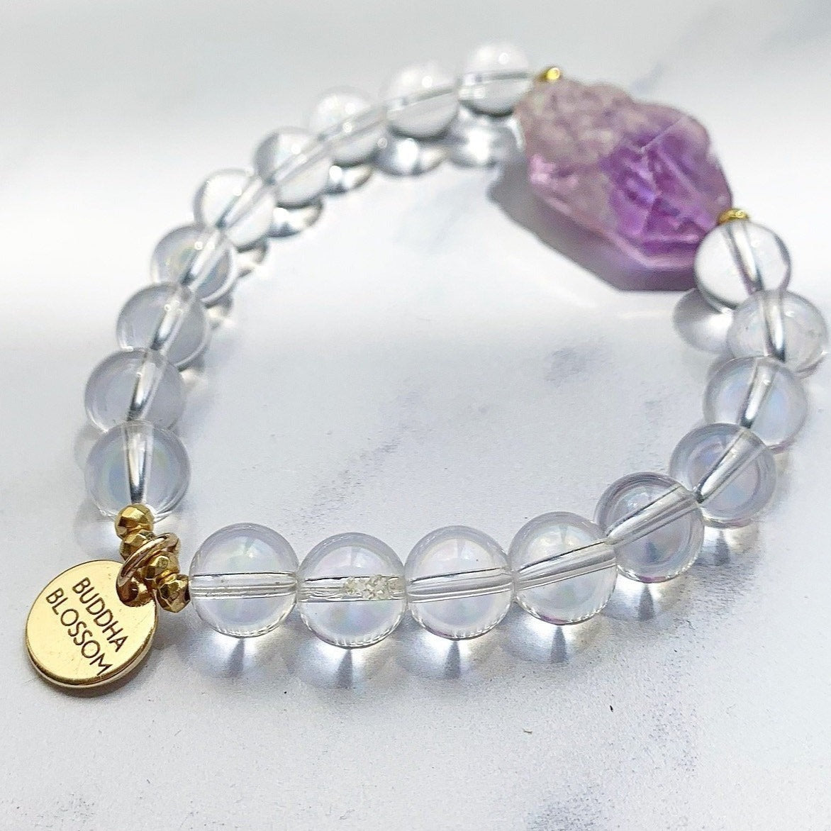 Amethyst and Crystal Quartz Mala Stretchy Bracelet 8mm Beads