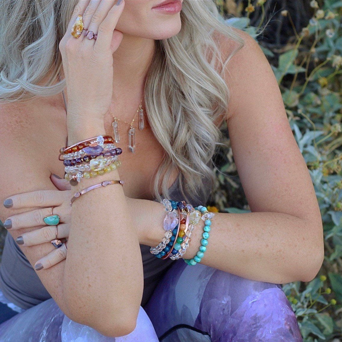 Amethyst and Crystal Quartz Mala Stretchy Bracelet 8mm Beads