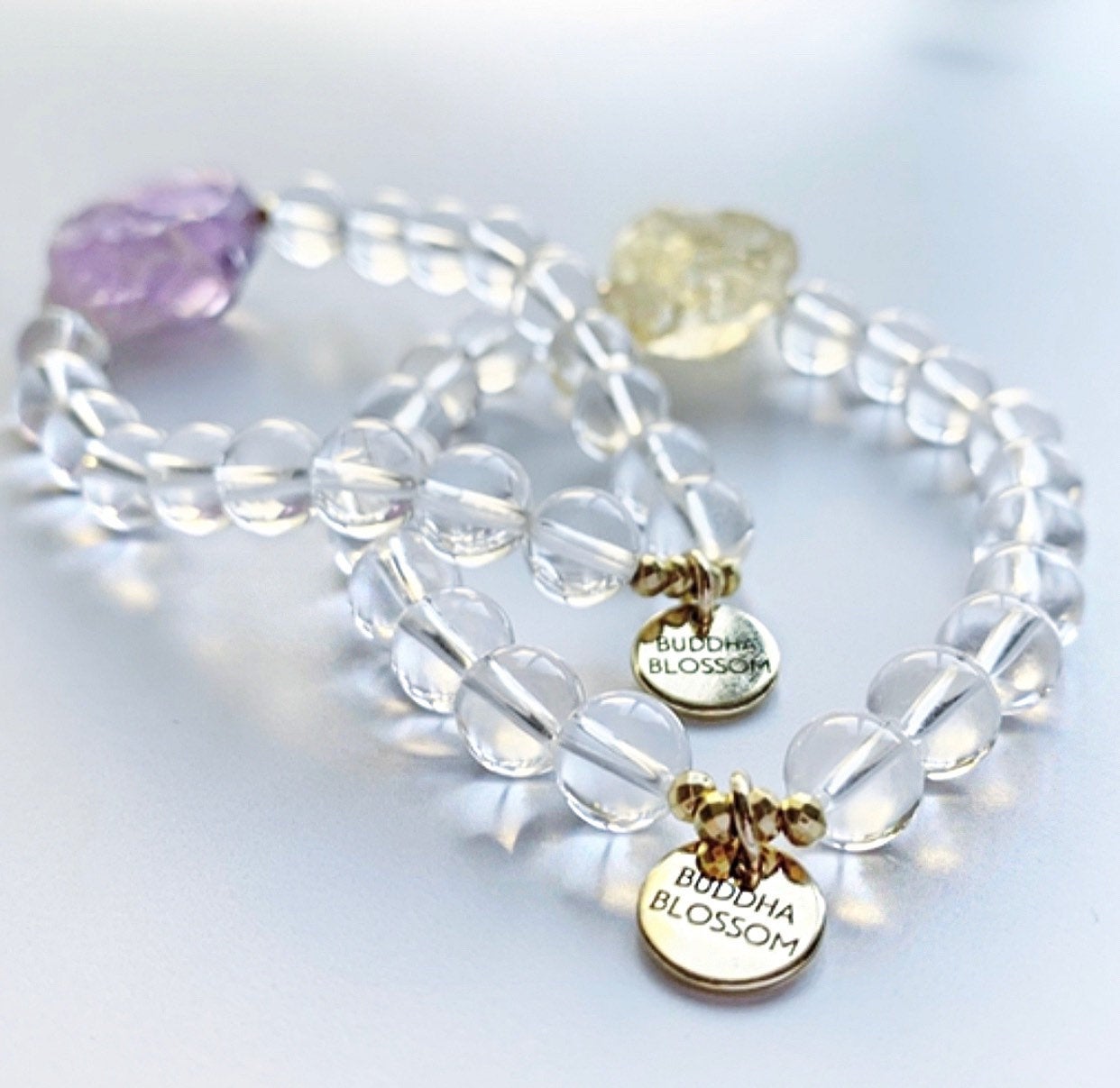Amethyst and Crystal Quartz Mala Stretchy Bracelet 8mm Beads