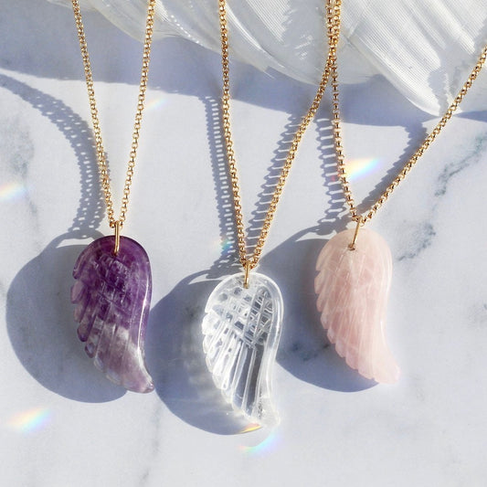 Angel Wing Crystal Necklace, Angel Wing Pendant, Amethyst Wing Necklace, Rose Quartz Angel Necklace, Angel Gift for Her