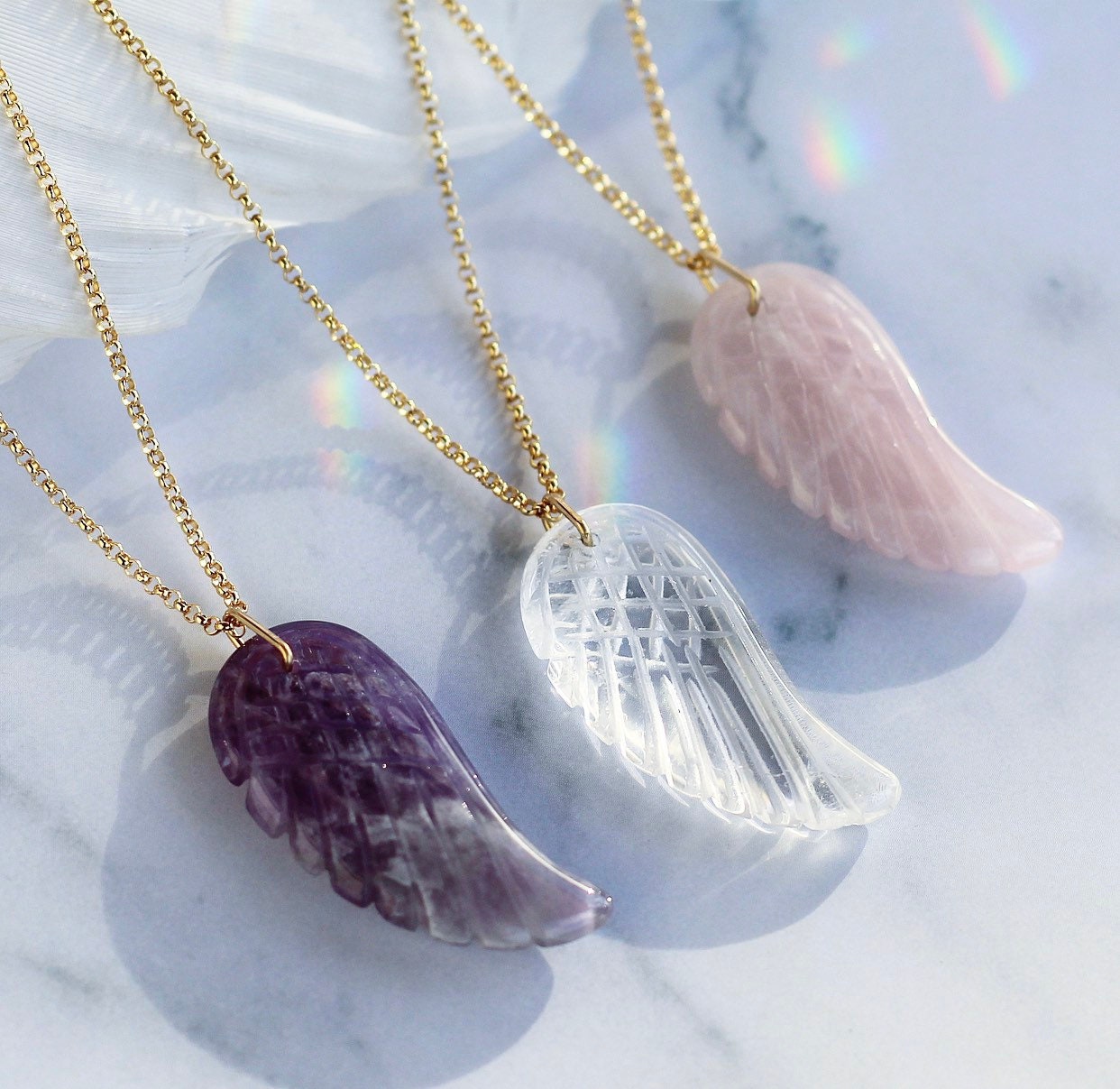 Angel Wing Crystal Necklace, Angel Wing Pendant, Amethyst Wing Necklace, Rose Quartz Angel Necklace, Angel Gift for Her