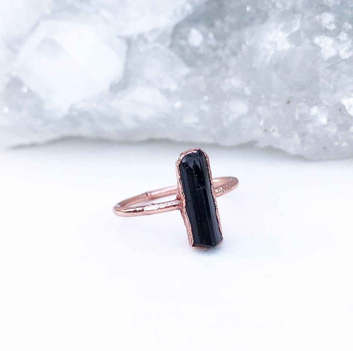 Black Crystal Delicate Copper Witchy Style Ring with Black Tourmaline on Dainty Copper Band with Organic Electroformed Setting