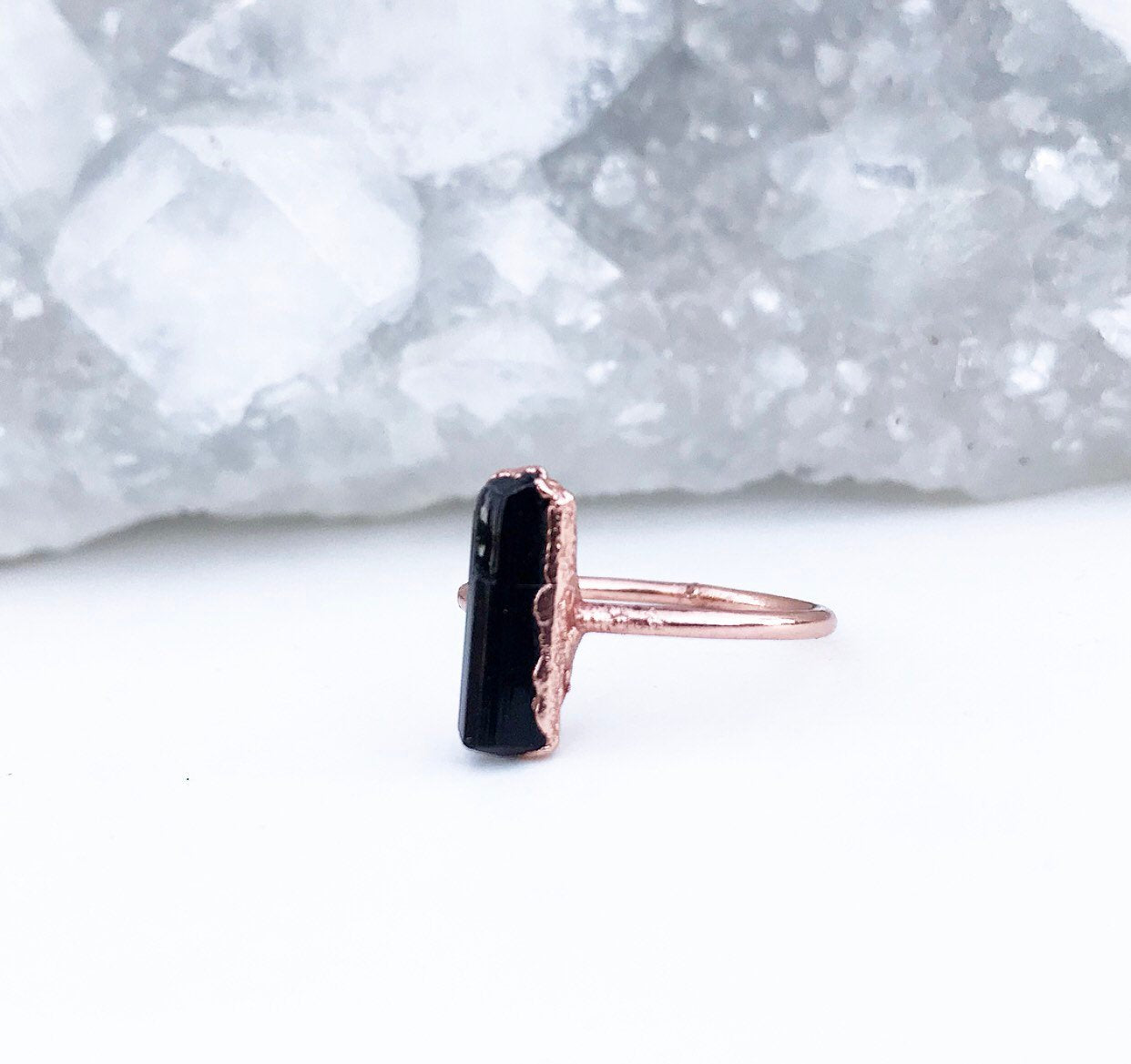 Black Crystal Delicate Copper Witchy Style Ring with Black Tourmaline on Dainty Copper Band with Organic Electroformed Setting