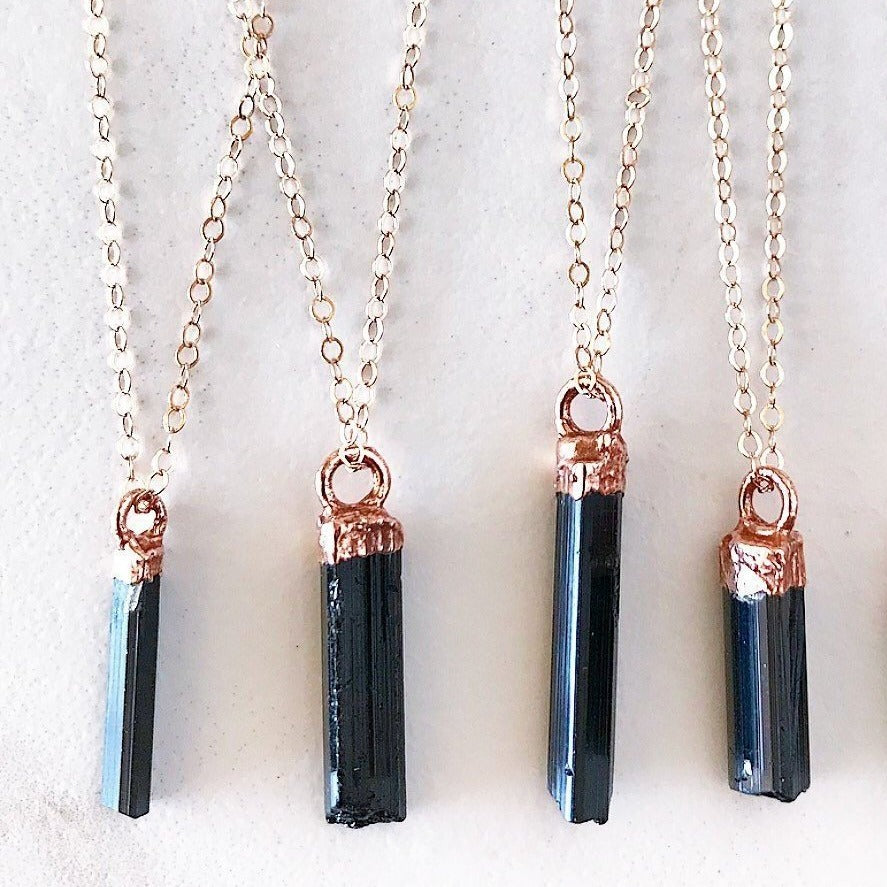Black Tourmaline Necklace, Rose Gold Crystal Necklace, Raw Tourmaline Stone Necklace, Grounding Stone Necklace, Crystal Protection Pendant