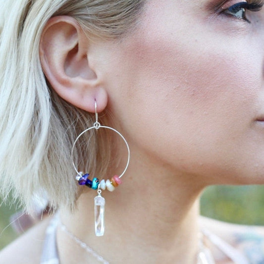 Chakra stone hoop earrings- 7 natural gemstones- crystal quartz point