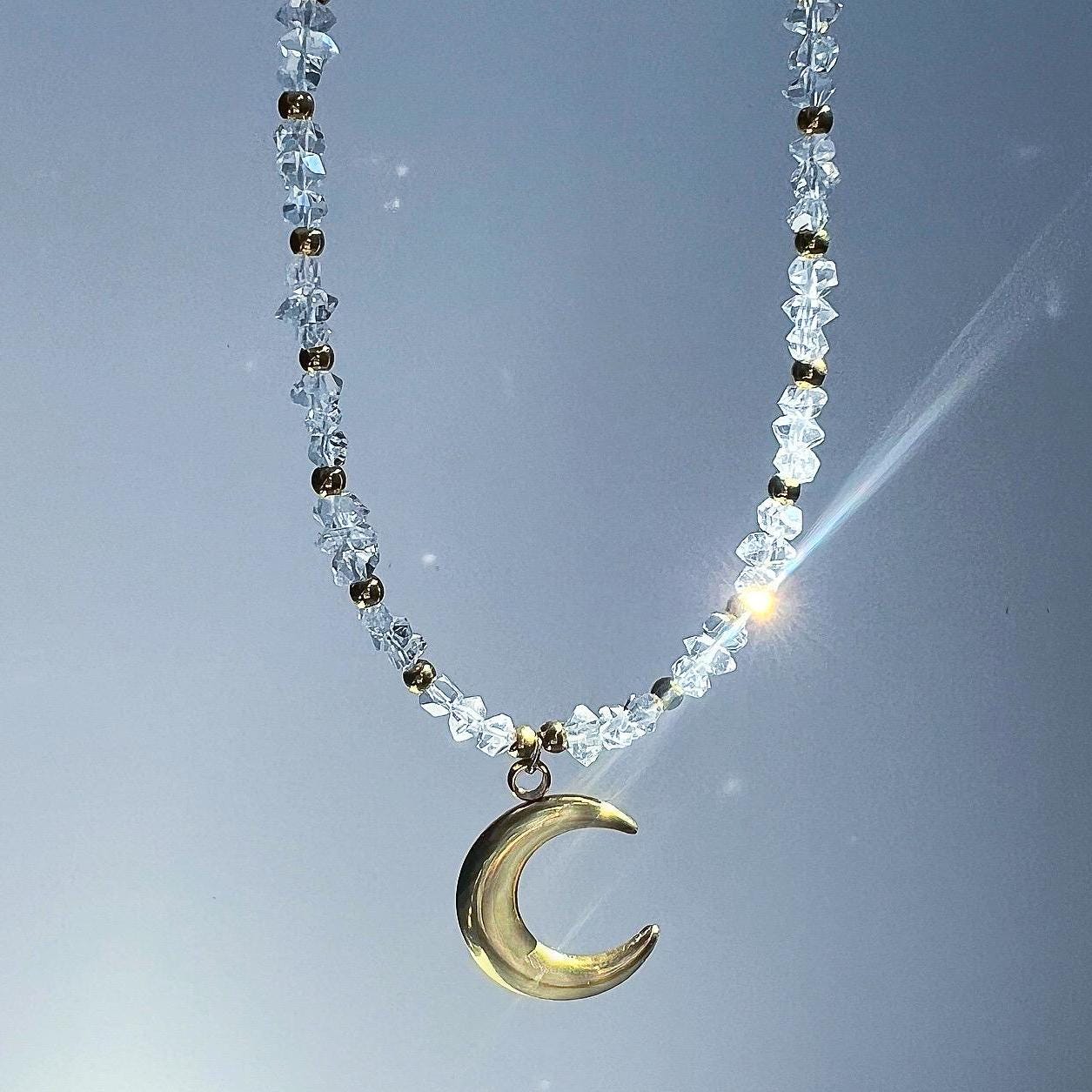 Herkimer Diamond Moon Choker, Raw Diamond Choker, Raw Herkimer Diamond Necklace, Gold Moon Choker, Half Moon Choker, Moon Choker Necklace