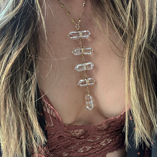 Crystal Quartz Ladder Lariat Necklace on Star Chain in Gold