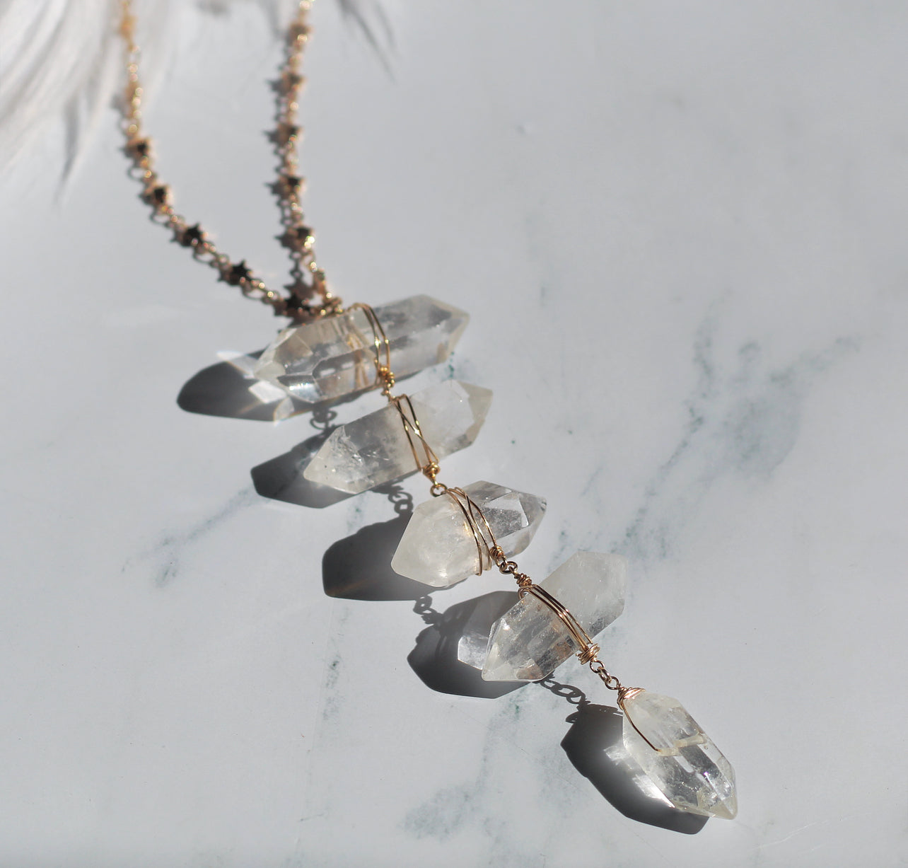 Crystal Quartz Ladder Lariat Necklace on Star Chain in Gold