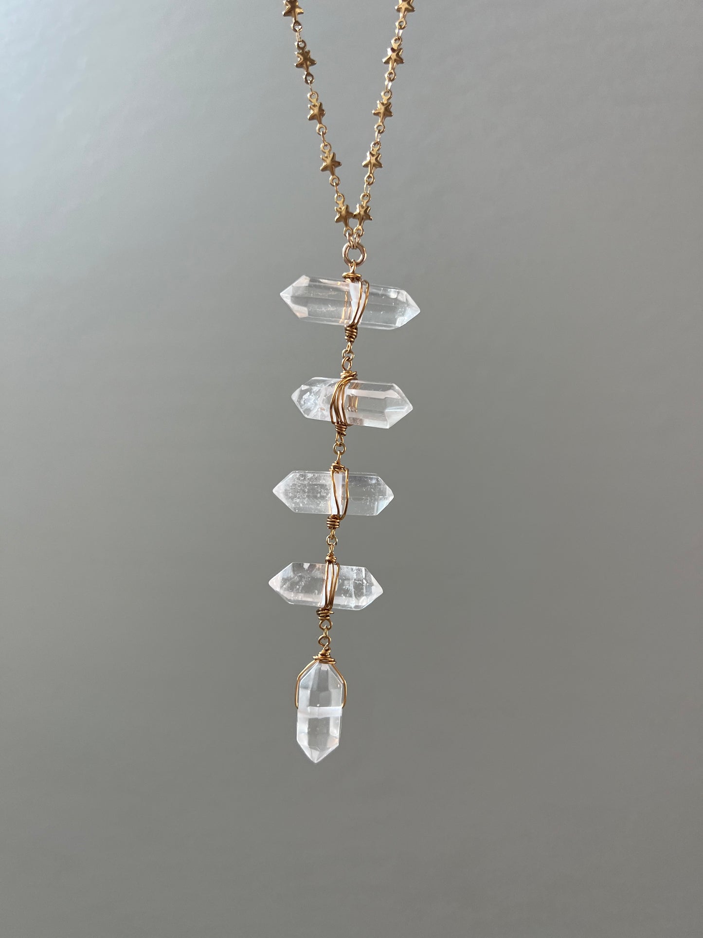 Crystal Quartz Ladder Lariat Necklace on Star Chain in Gold