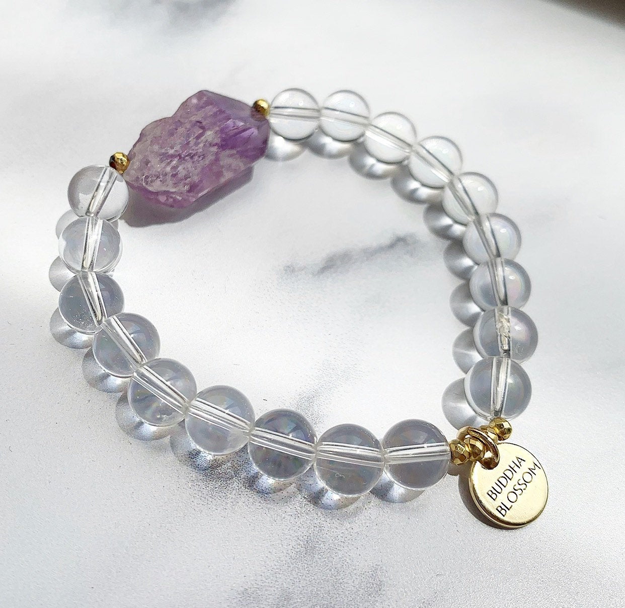 Amethyst and Crystal Quartz Mala Stretchy Bracelet 8mm Beads