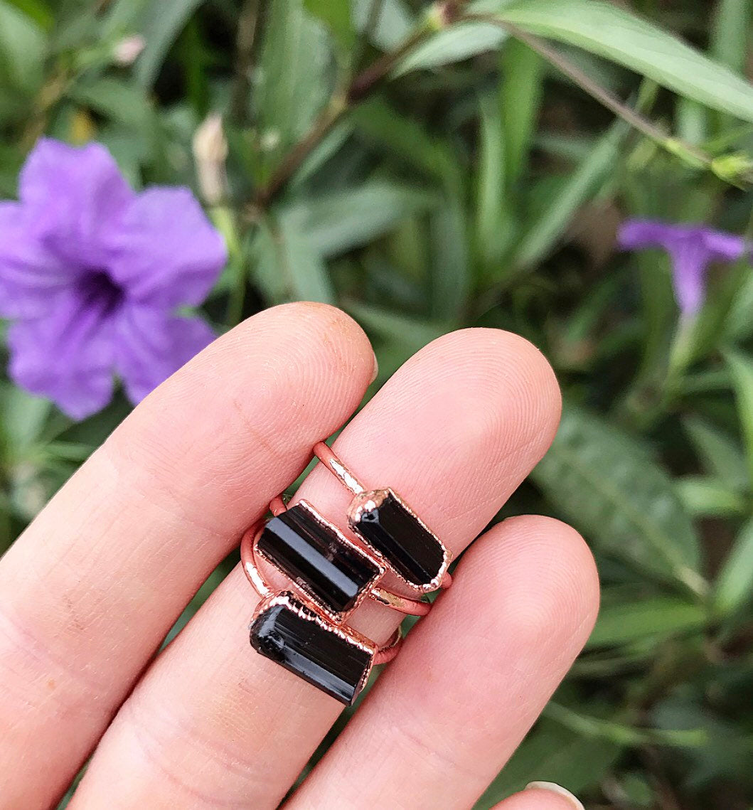 Black Tourmaline Dainty Raw Healing Crystal Stacking Ring with Shiny Copper Electroformed Setting and Band