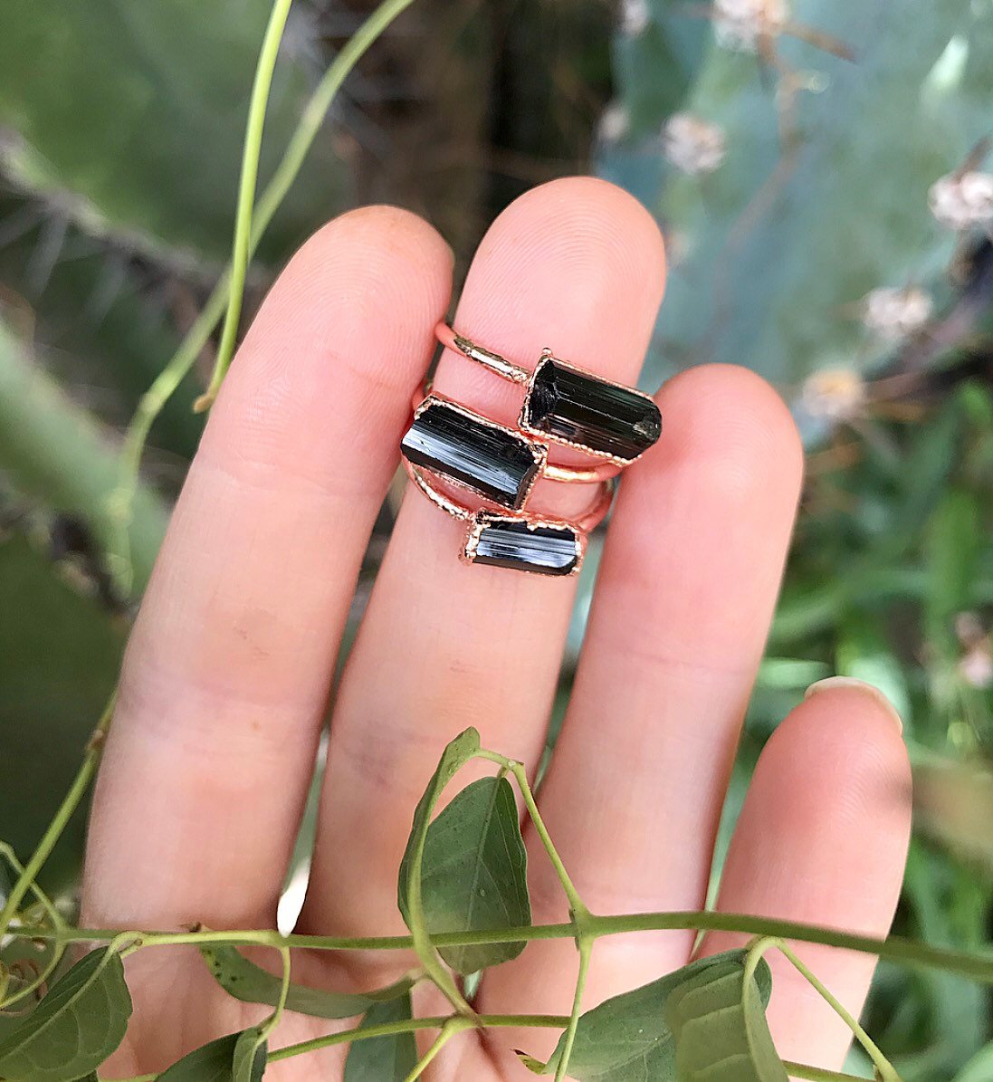 Black Tourmaline Dainty Raw Healing Crystal Stacking Ring with Shiny Copper Electroformed Setting and Band