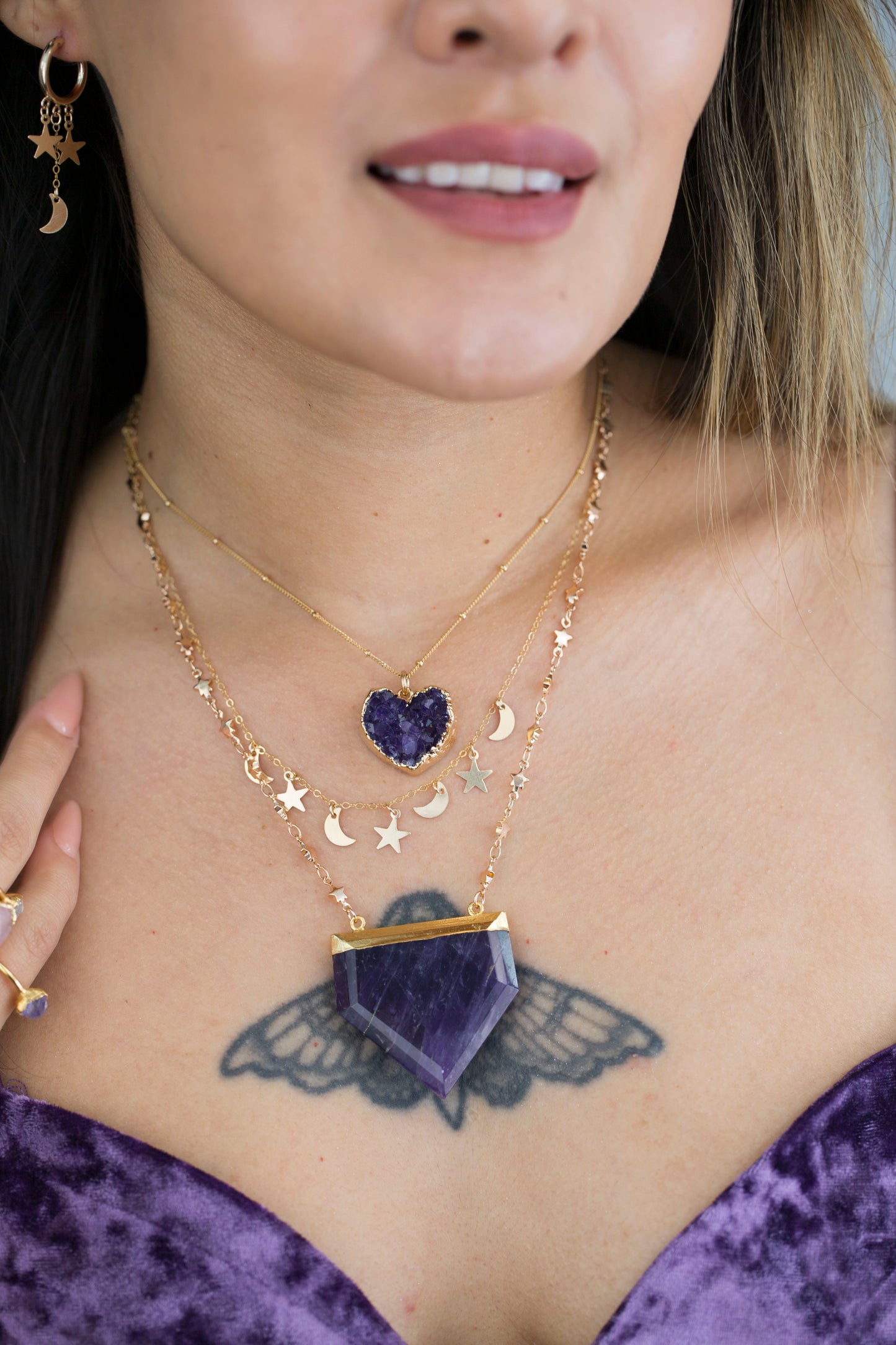 Big Amethyst Point Necklace with Tiny Star Chain, Chunky Terminated Amethyst Crystal, Crystal Shield Necklace Silver, Amethyst Pendant Gold
