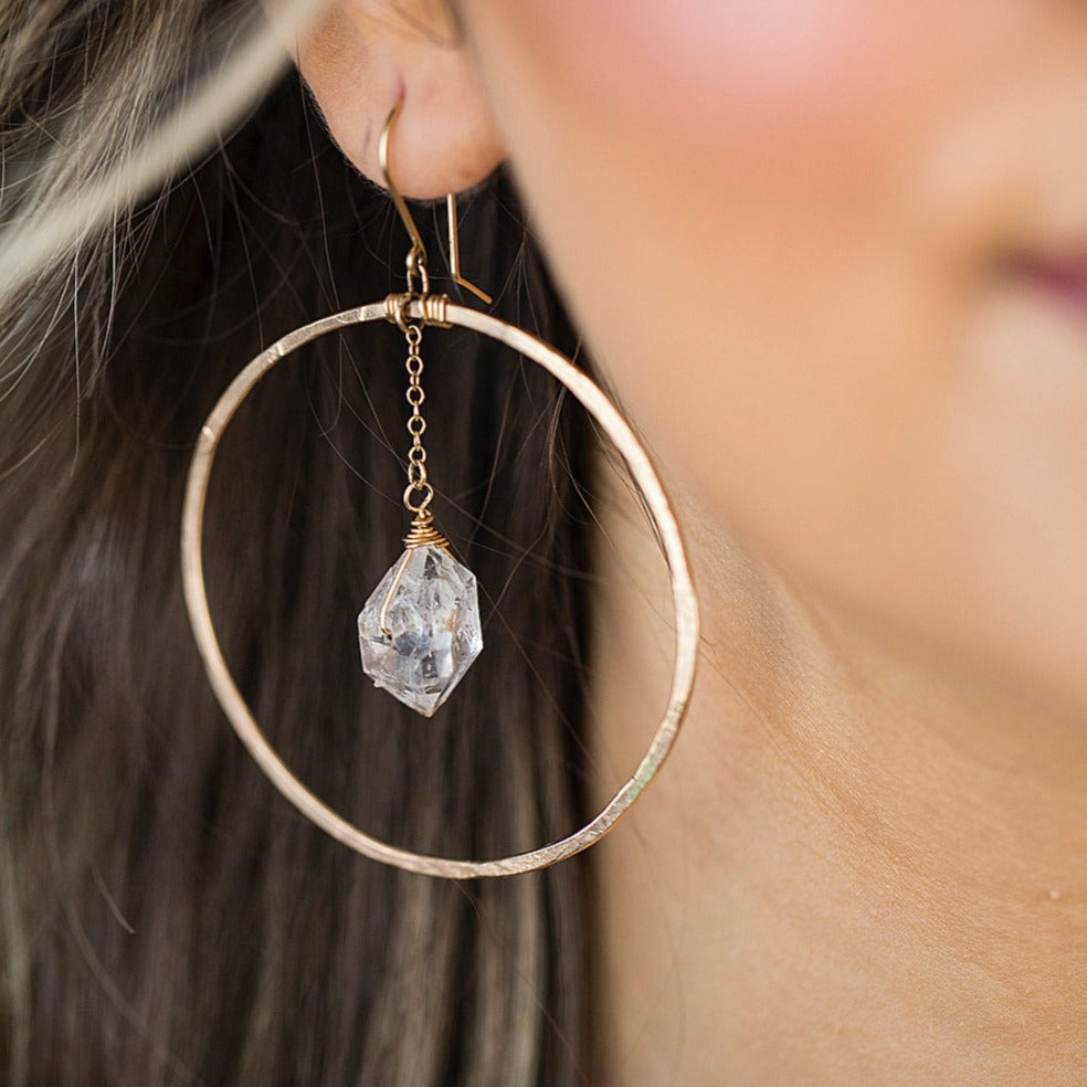 AAA Herkimer Diamond Hammered Hoops |14k Gold Filled Sterling