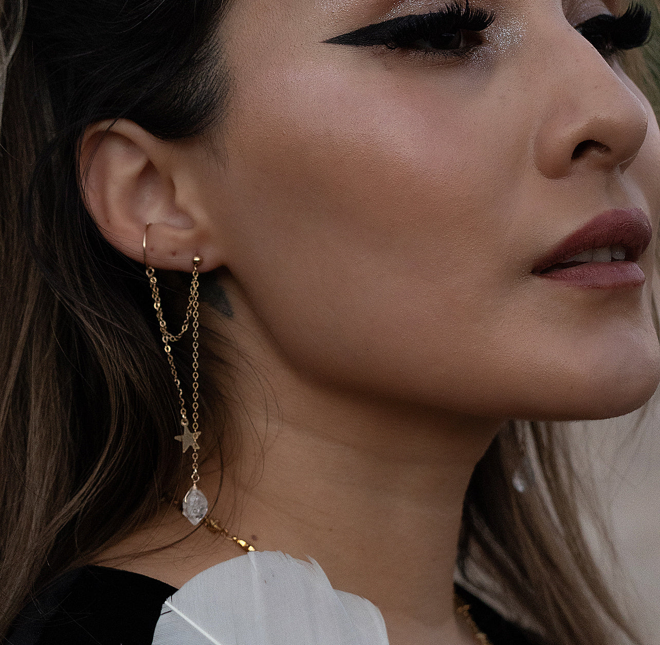 Moon and Star Chain Cuff Earrings with Herkimer – Buddha