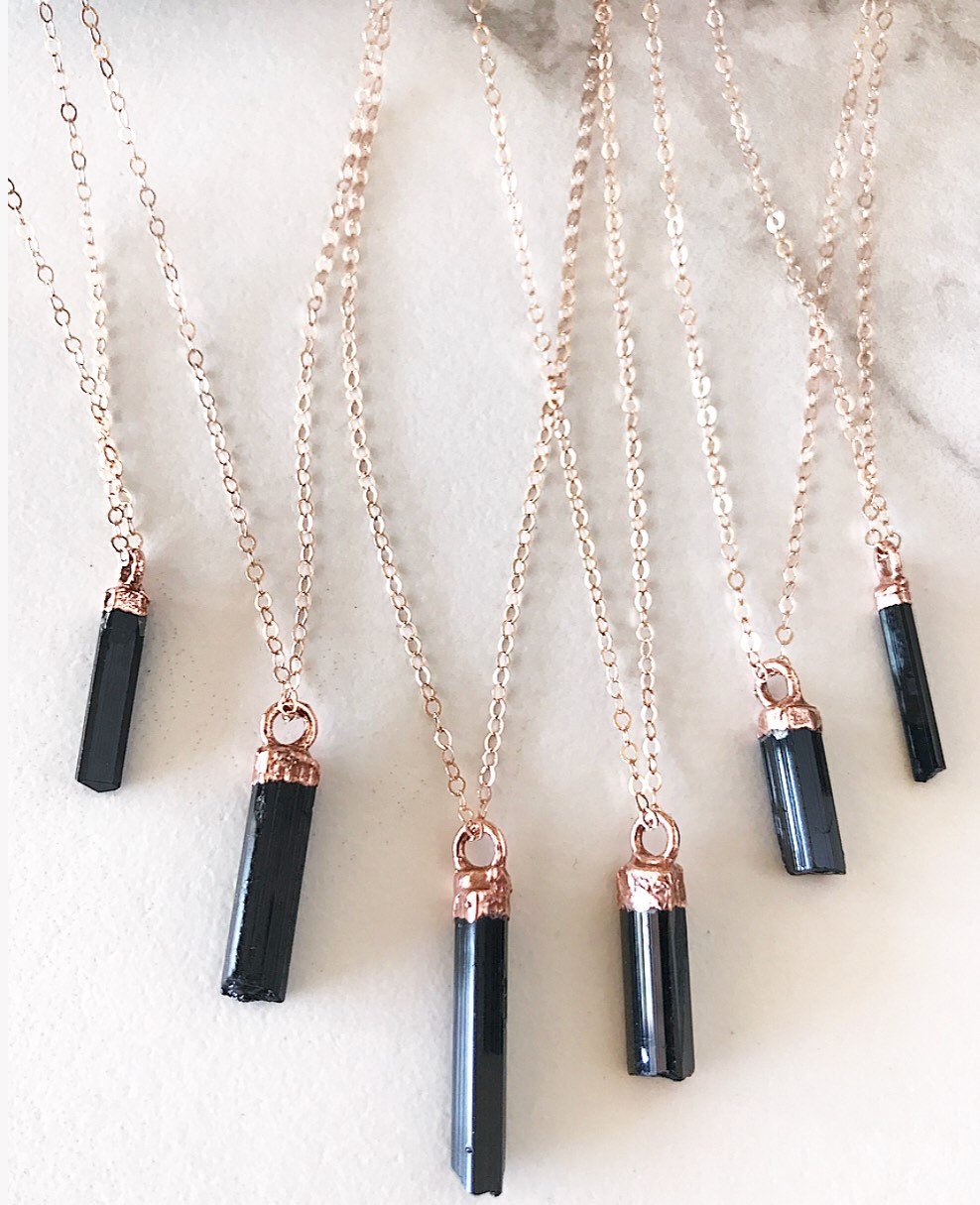 Black Tourmaline Necklace, Rose Gold Crystal Necklace, Raw Tourmaline Stone Necklace, Grounding Stone Necklace, Crystal Protection Pendant