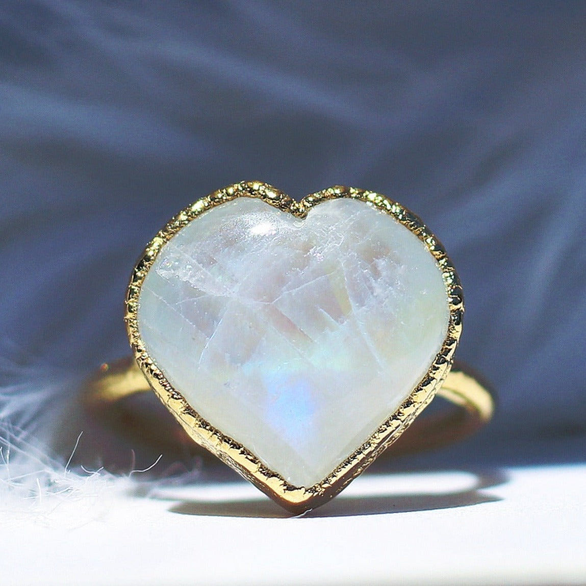 Moonstone Heart Ring, Big Crystal Heart Ring, Heart Stone Ring, Copper Moonstone Ring, Love Ring, Rainbow Moonstone Jewelry