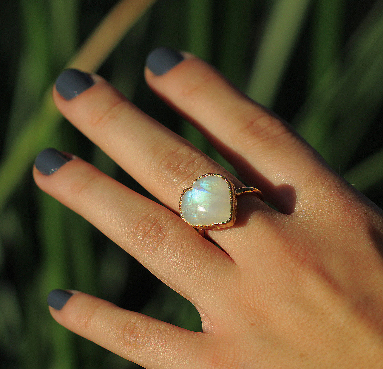 Moonstone Heart Ring, Big Crystal Heart Ring, Heart Stone Ring, Copper Moonstone Ring, Love Ring, Rainbow Moonstone Jewelry