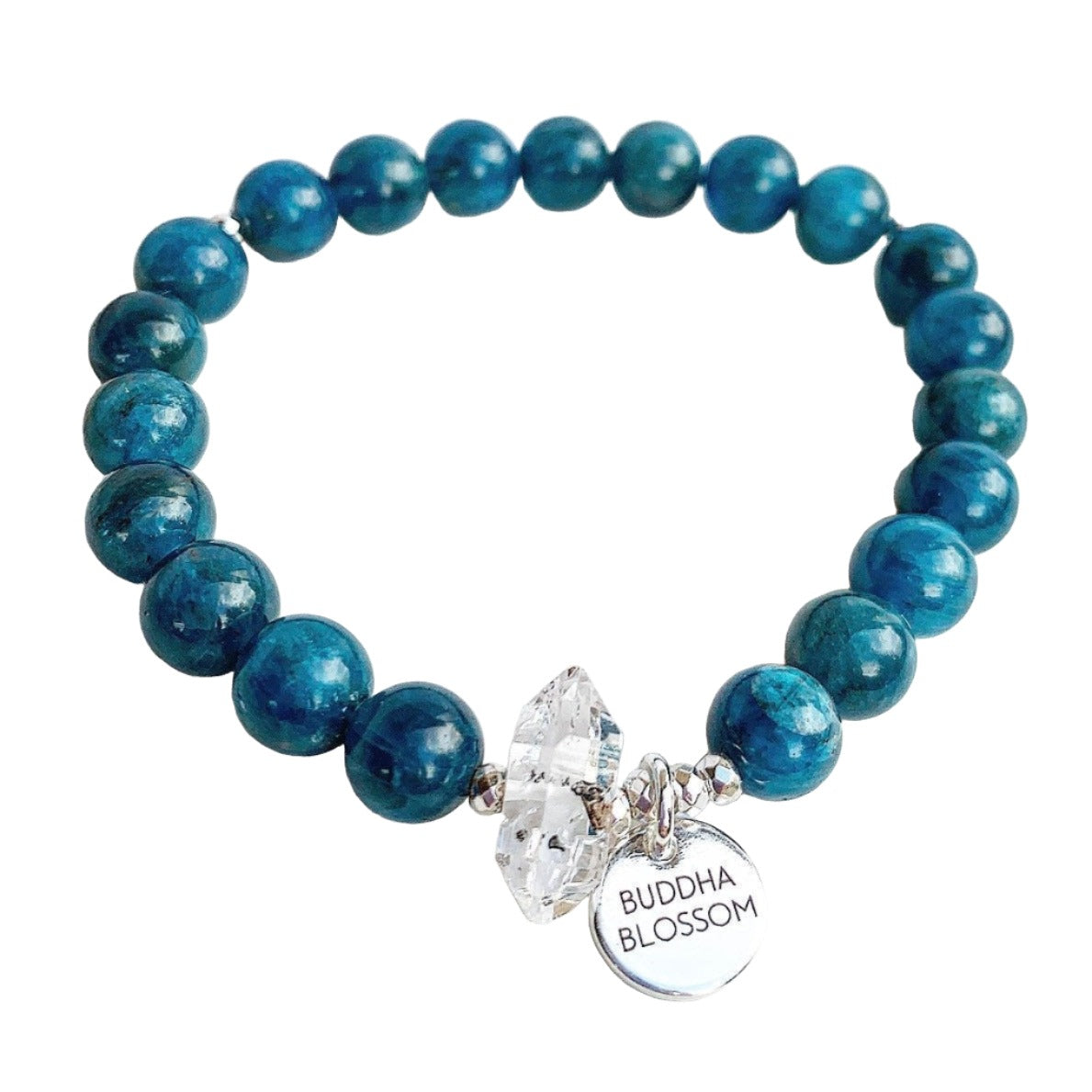 Blue Apatite Stone Stretchy Mala Bracelet with Herkimer Diamond