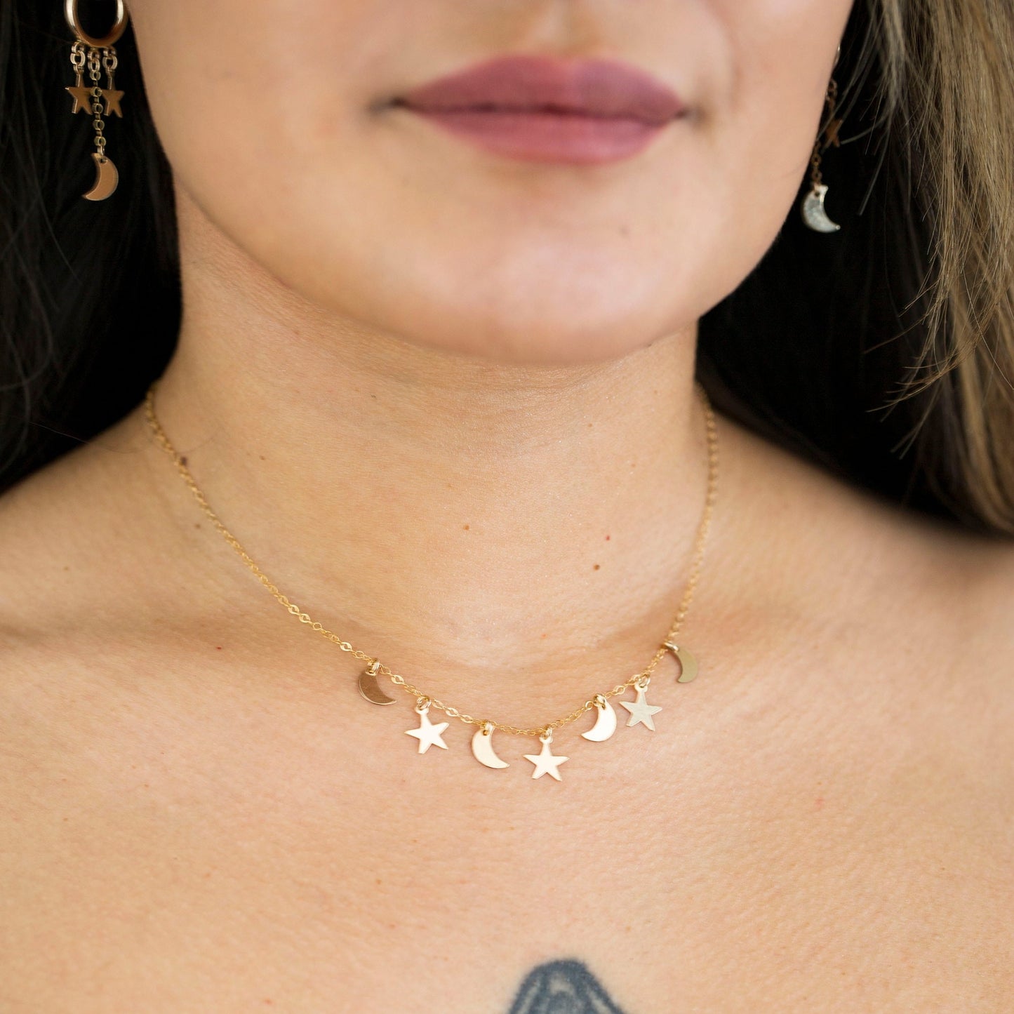Moon and Stars Necklace, Dainty Charm Necklace, Star Charm Layering Necklace, Moon Charm Necklace, Celestial Necklace Women, Delicate Gold