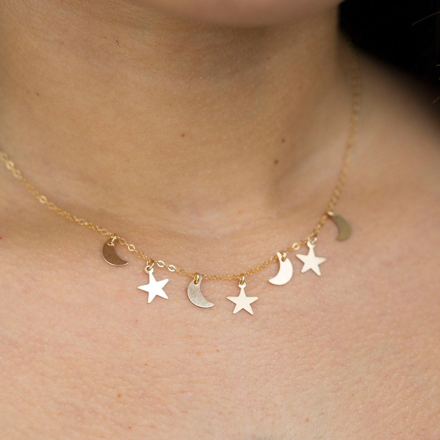 Moon and Stars Necklace, Dainty Charm Necklace, Star Charm Layering Necklace, Moon Charm Necklace, Celestial Necklace Women, Delicate Gold