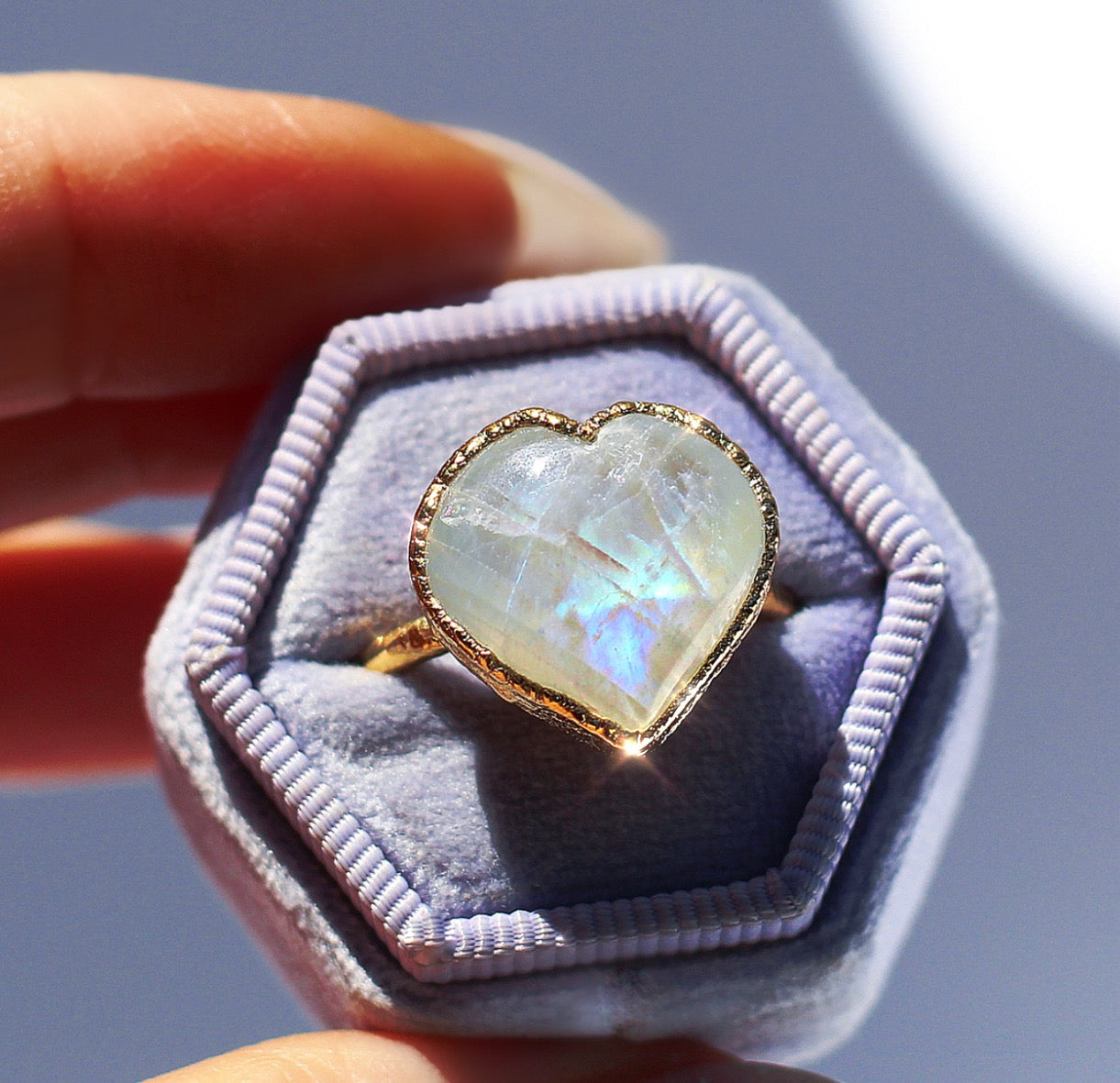 Moonstone Heart Ring, Big Crystal Heart Ring, Heart Stone Ring, Copper Moonstone Ring, Love Ring, Rainbow Moonstone Jewelry