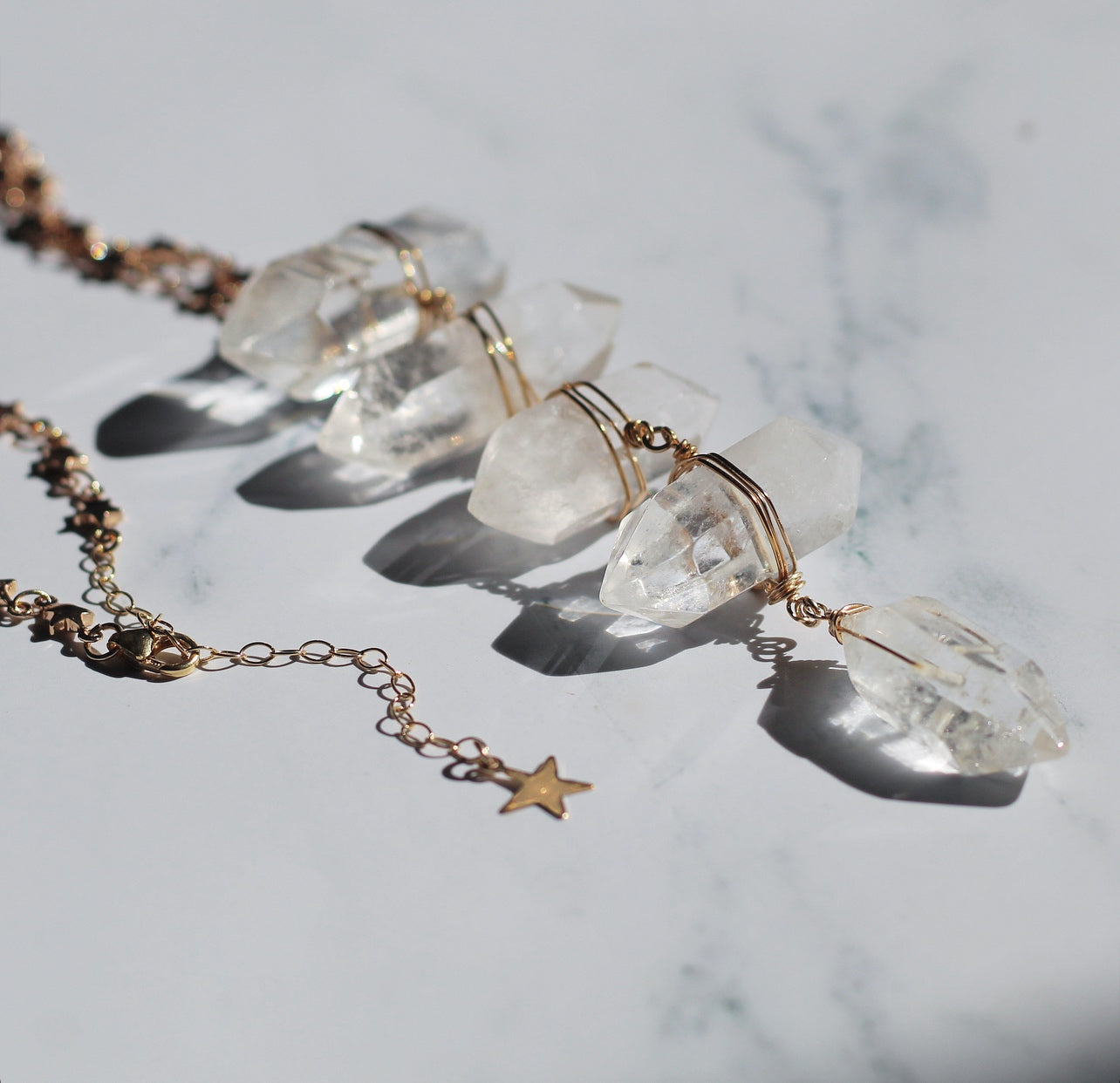 Crystal Quartz Ladder Lariat Necklace on Star Chain in Gold