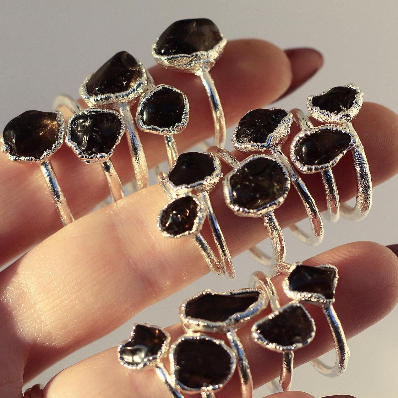 Silver Smoky Quartz Ring, Silver Electroformed Stone Ring, Raw Smoky Quartz Ring Silver, Black Raw Stone Ring, Dark Crystal Ring Silver