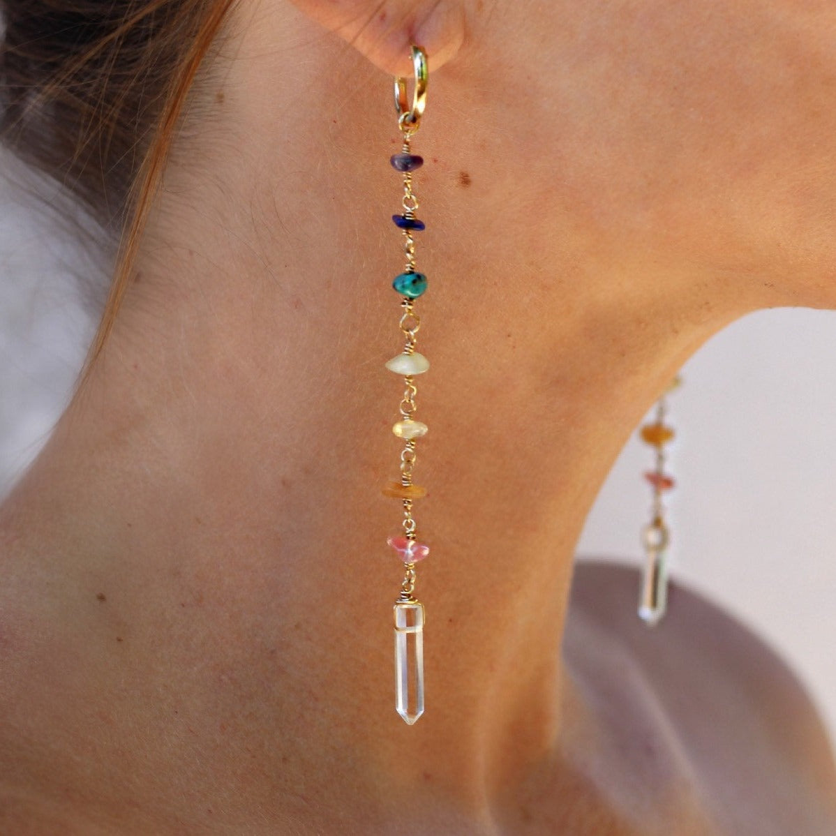 7 Chakra Dangle Earrings, Rainbow Gemstone Earrings, Crystal Chakra Earrings, Crystal Duster Earrings, Crystal Huggie Earrings, Gift for Her