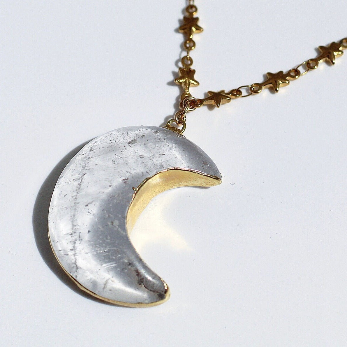 Crystal Quartz Big Moon Pendant on Star Link Chain in Gold