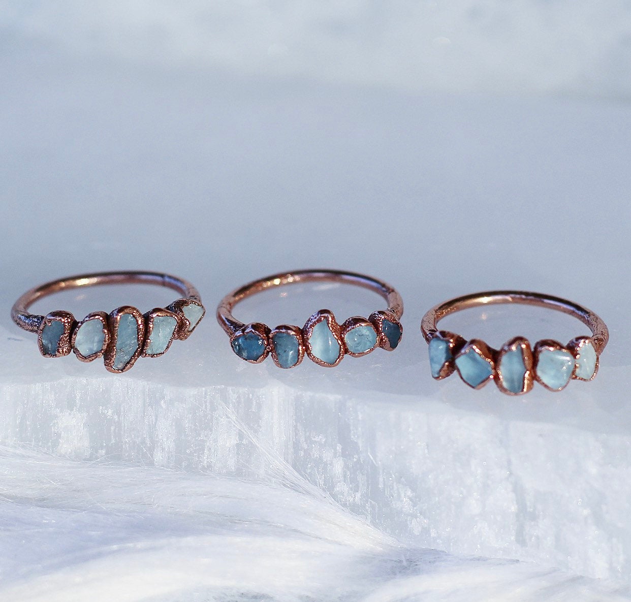 Aquamarine Multi Stone Ring, Delicate Aquamarine Ring, Stackable Aquamarine Band, Unique Aquamarine Ring, March Birthstone Ring, Copper Ring