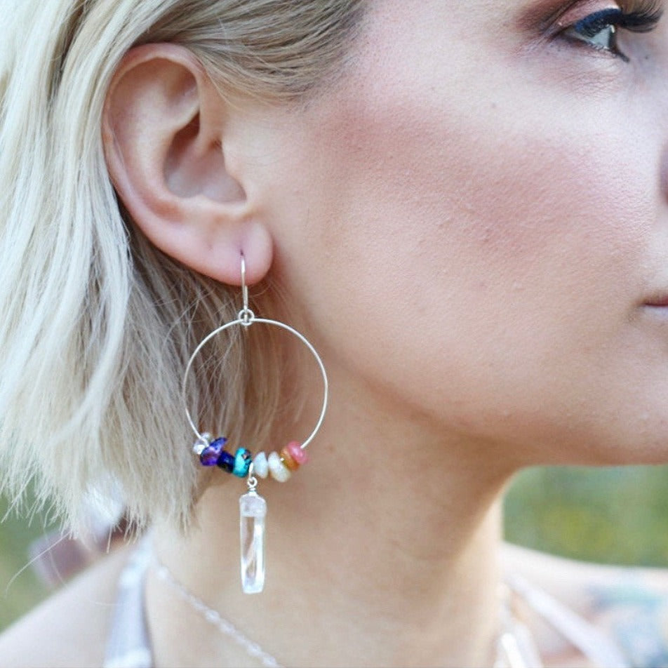 Chakra stone hoop earrings- 7 natural gemstones- crystal quartz point