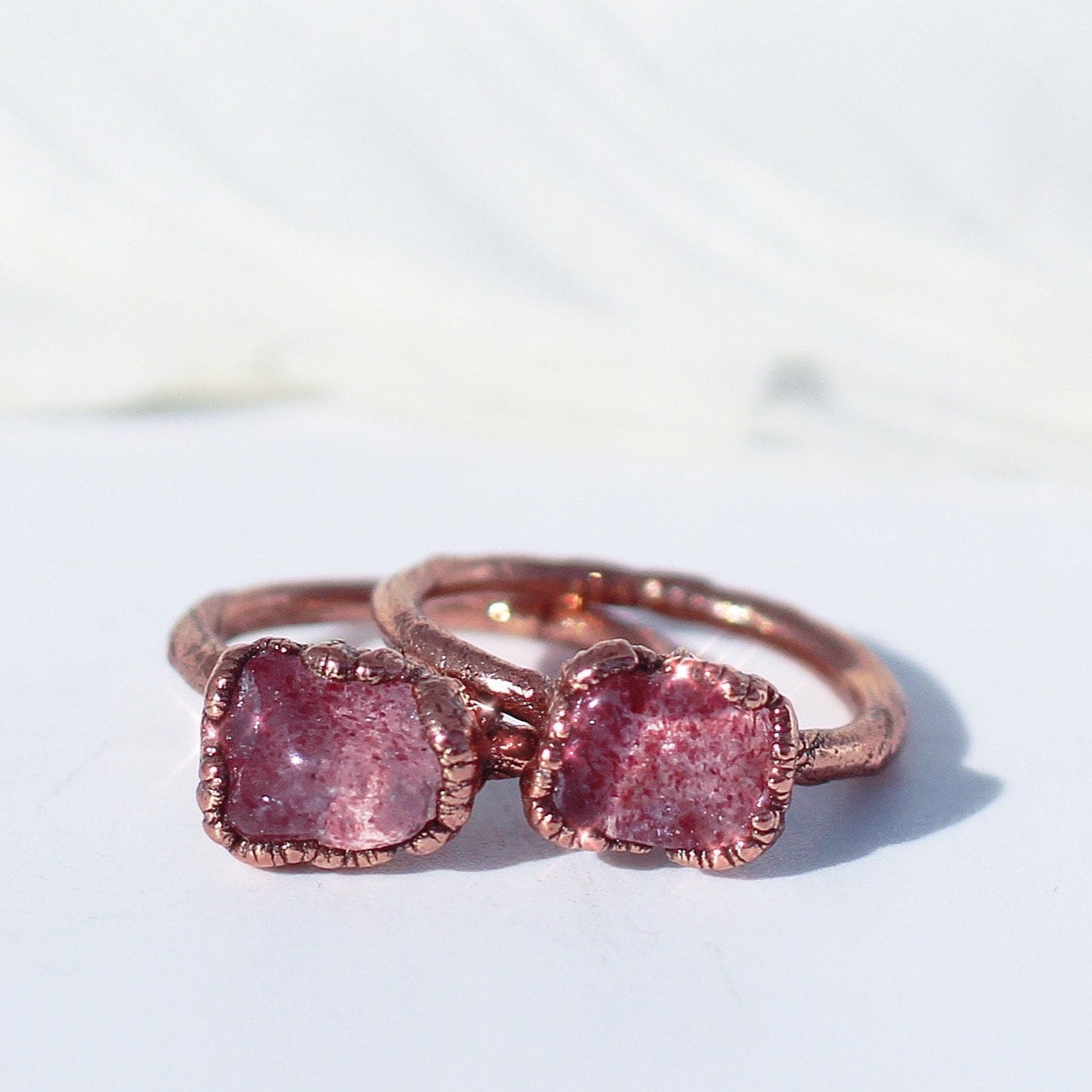 Handcrafted Strawberry Quartz Ring, Copper Setting, Natural Pink Gemstone, Unique Gift for Her, Healing Crystal Jewelry, Boho Chic Style