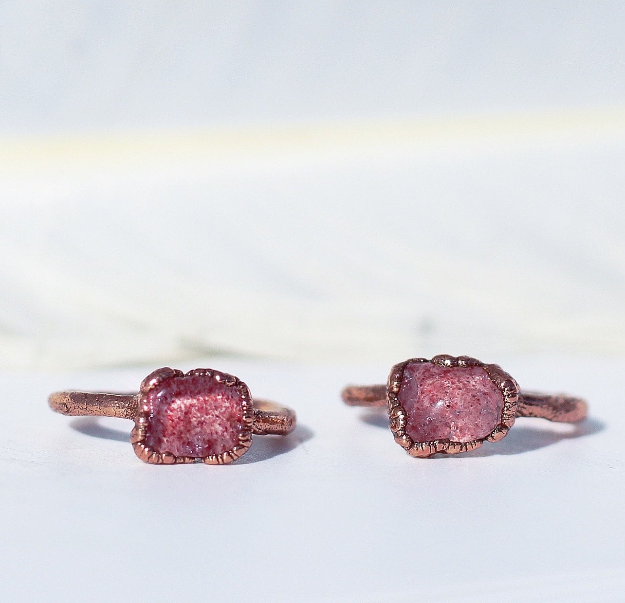 Handcrafted Strawberry Quartz Ring, Copper Setting, Natural Pink Gemstone, Unique Gift for Her, Healing Crystal Jewelry, Boho Chic Style