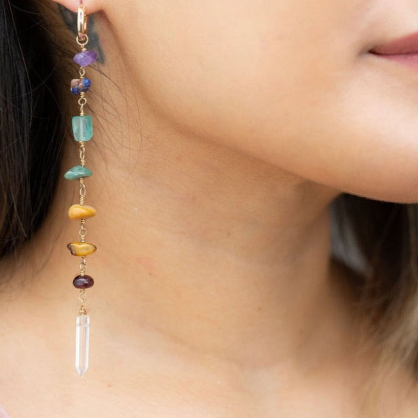 Long Chakra Earrings, Beaded Dangle Earrings, Duster Style Earrings, Earthy Gemstone Drop Earrings, Boho Chic Jewelry, Spiritual Gift