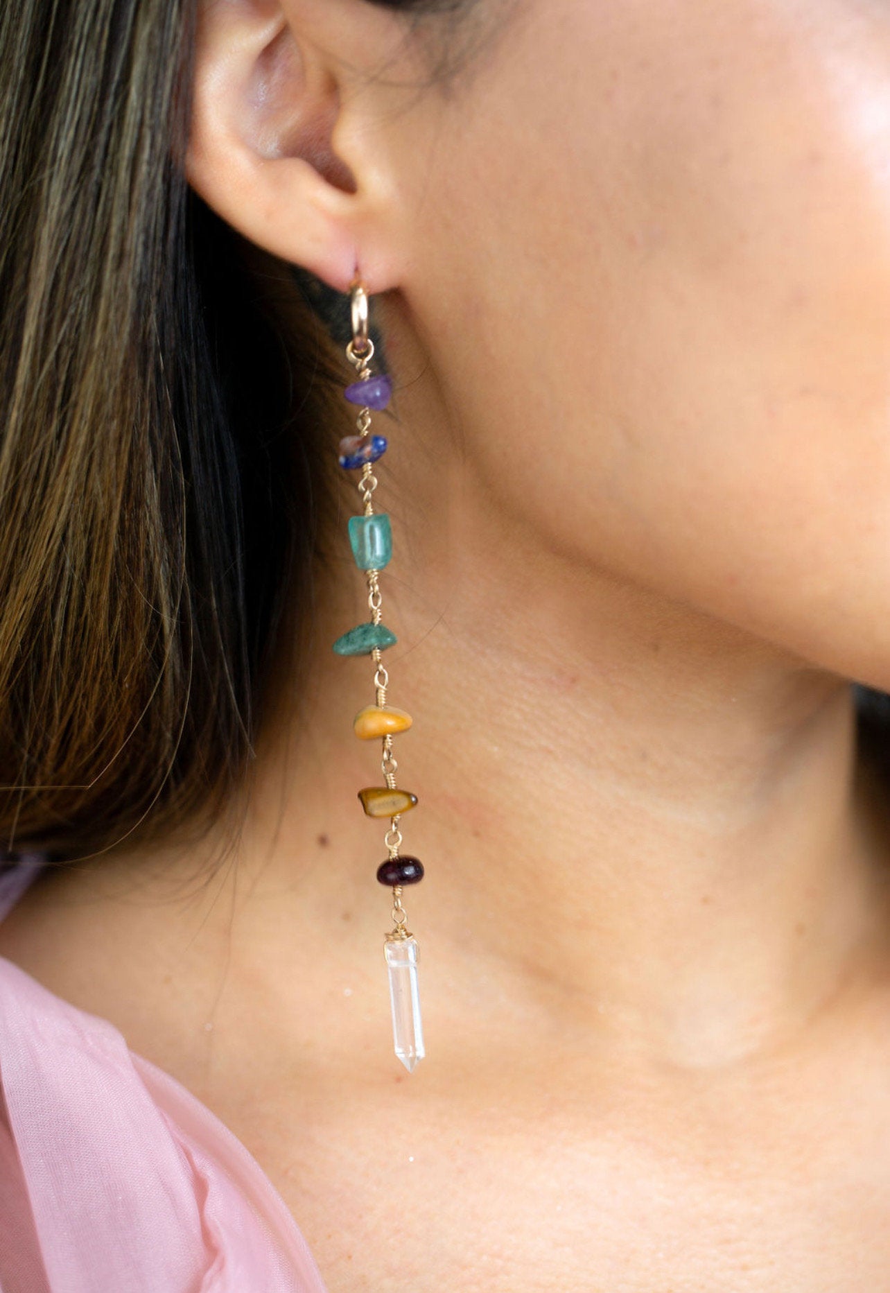 Long Chakra Earrings, Beaded Dangle Earrings, Duster Style Earrings, Earthy Gemstone Drop Earrings, Boho Chic Jewelry, Spiritual Gift
