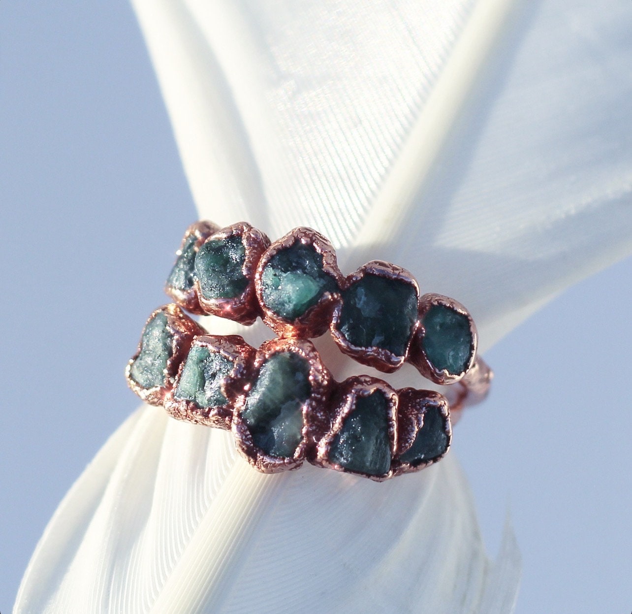 Raw Emerald Multi-Stone Ring in Copper, Natural Emerald Boho Ring, Unique Copper Gemstone Jewelry, Handcrafted Bohemian Accessory, Gift