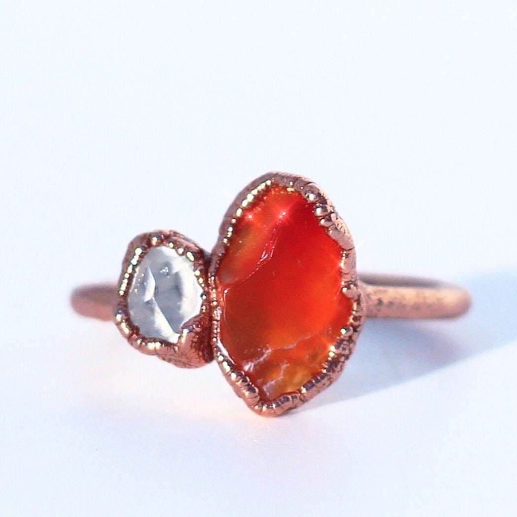 Sacral Chakra Carnelian Ring, Sacral Chakra Jewelry, Orange Stone Ring, Meditation Ring, Carnelian and Herkimer Diamond Ring, Reiki Healing